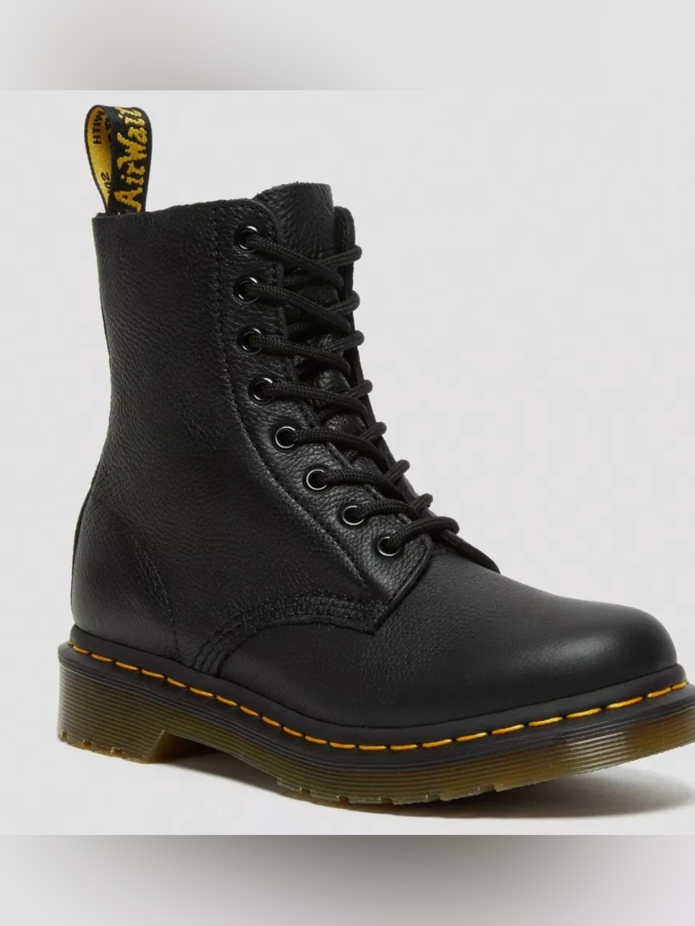 Dr. Martens ladies 8 Black Leather Lace-Up Boots with Yellow Stitching Pascal